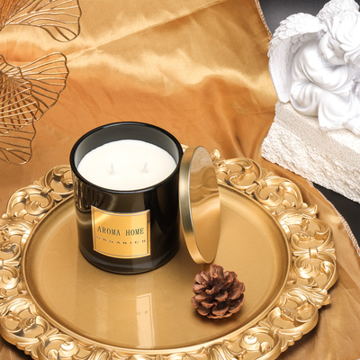 Nắp kim loại vàng Chai thủy tinh màu đen Sáp gia đình Nến đậu nành Nhãn hiệu riêng 14OZ 400g
